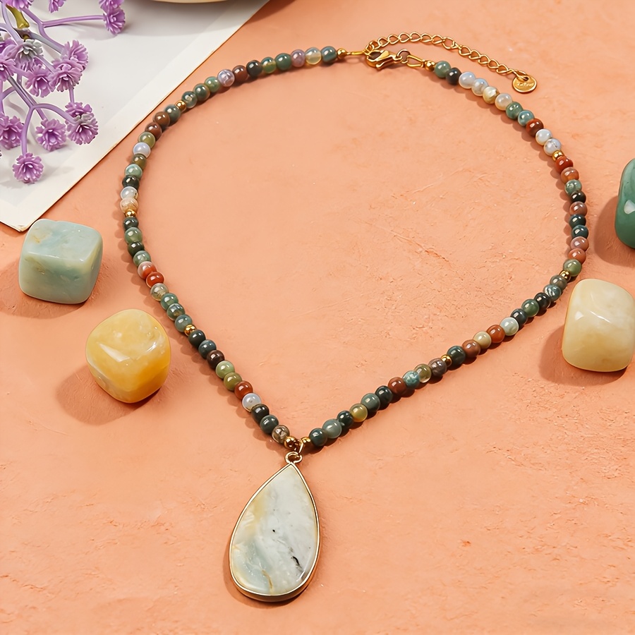 Retro Amazonite Teardrop Pendant Agate Necklace, Gift for Mom